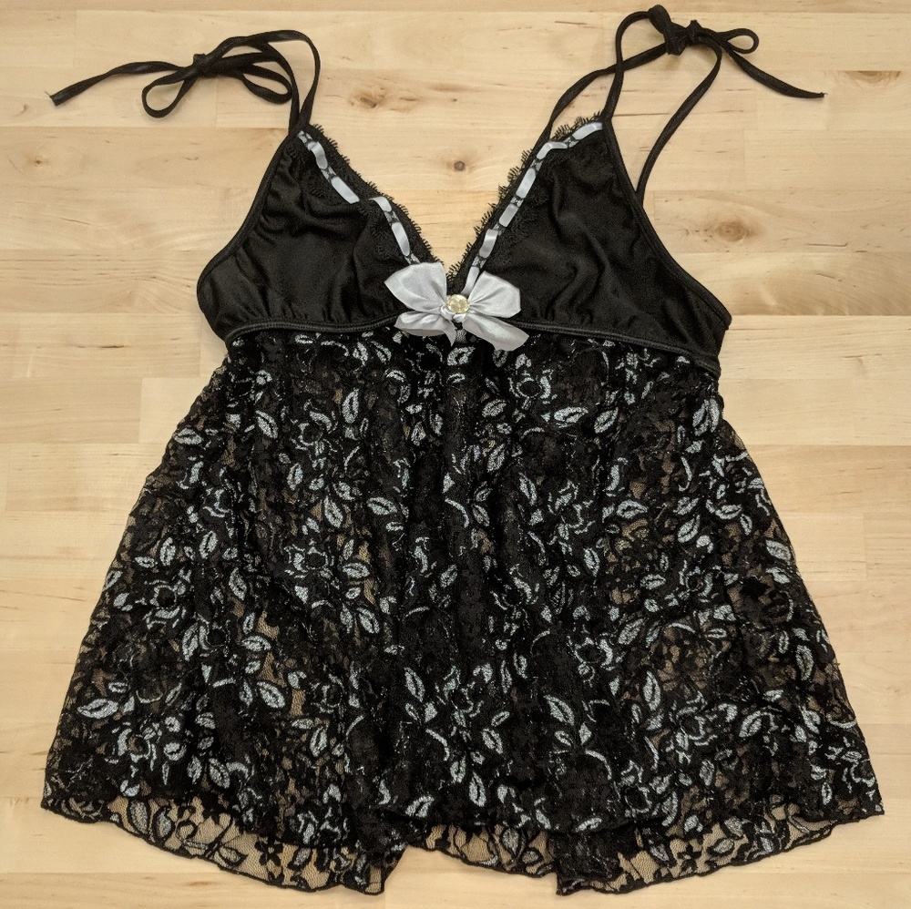 Black & silver lace babydoll - stretch